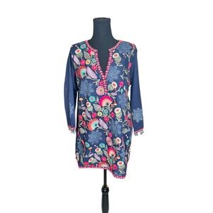 Soft Surroundings Navy Size L Boho Embroidered Tunic Top Tassel Sleeves A41